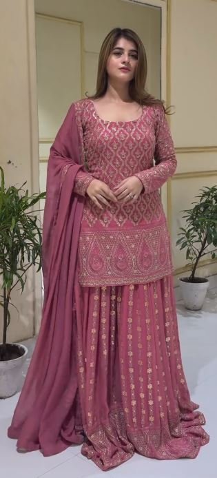 Peach Palazzo Suit with Sequins work and Round Neck - Image 2