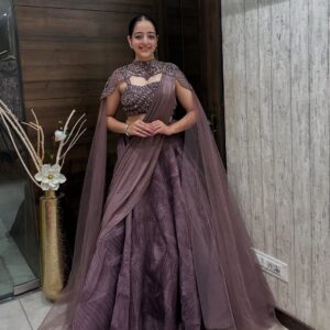 Embellished Mauve Designer Crop Top with Layered Lehenga and Cape Dupatta
