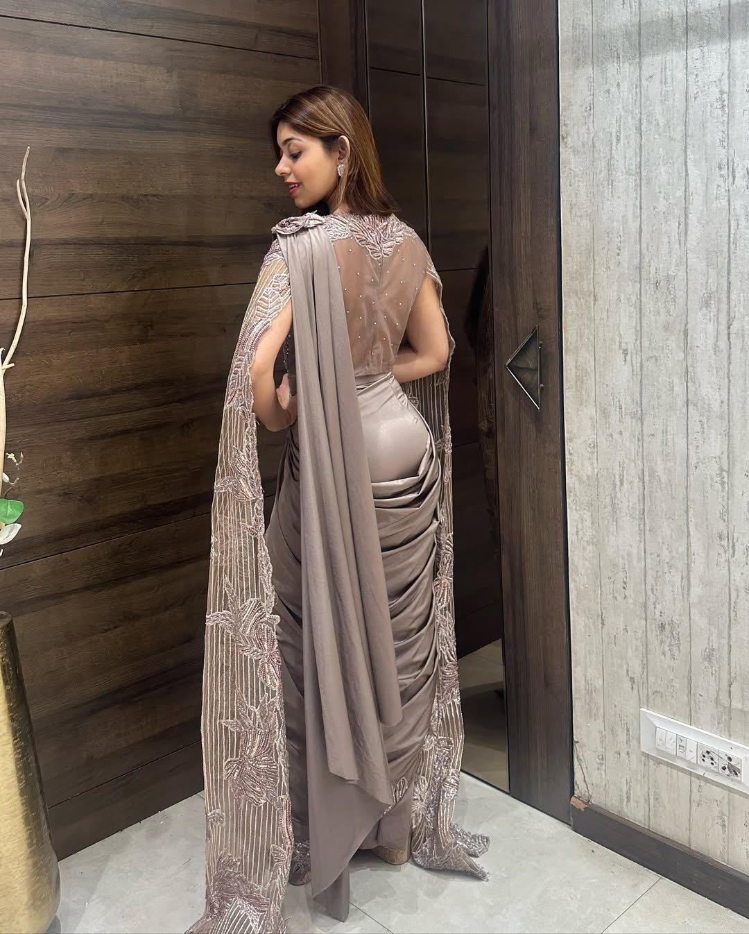 Designer Satin Drape Saree with Embellished Cape Blouse - Image 3