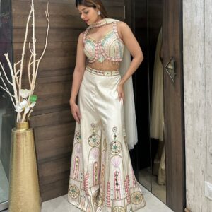 Ivory Embroidered Bustier & Sharara Set with Mirror and Pearl Detailing