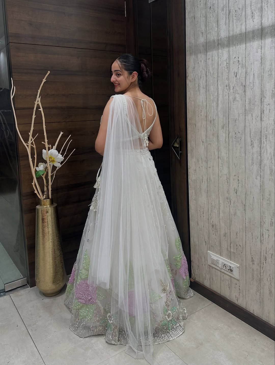 White Embroidered Net Gown with Pastel Floral Work - Image 4