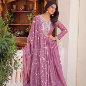 Georgette Lavender Color Embroidered Gown