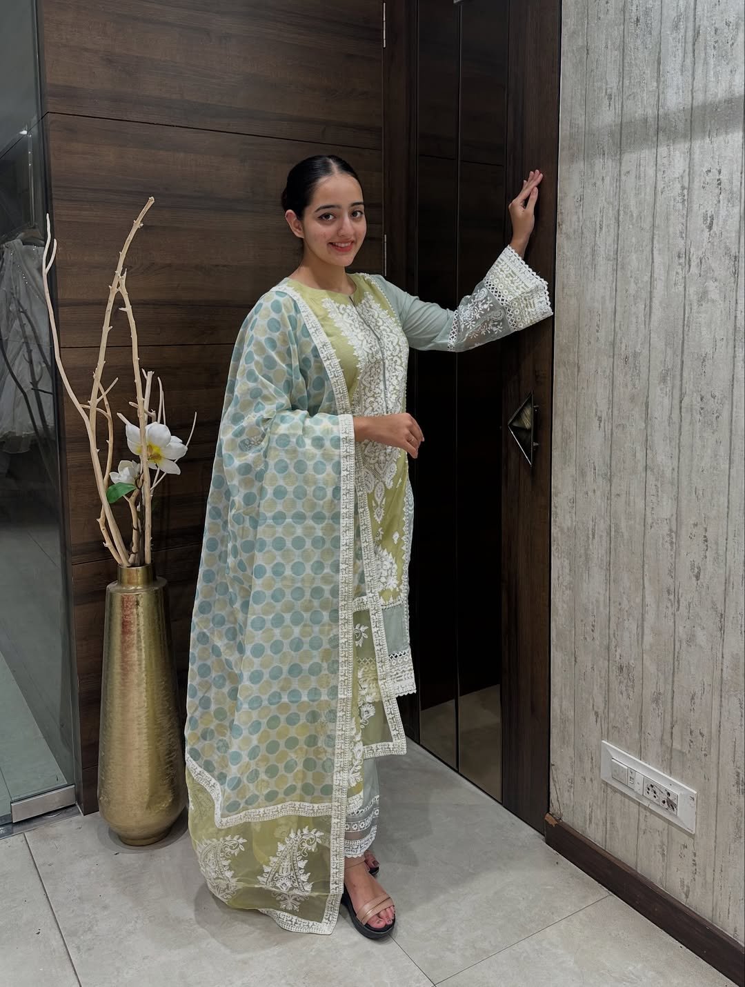 Pastel Green Embroidered Cotton Suit Set - Image 2