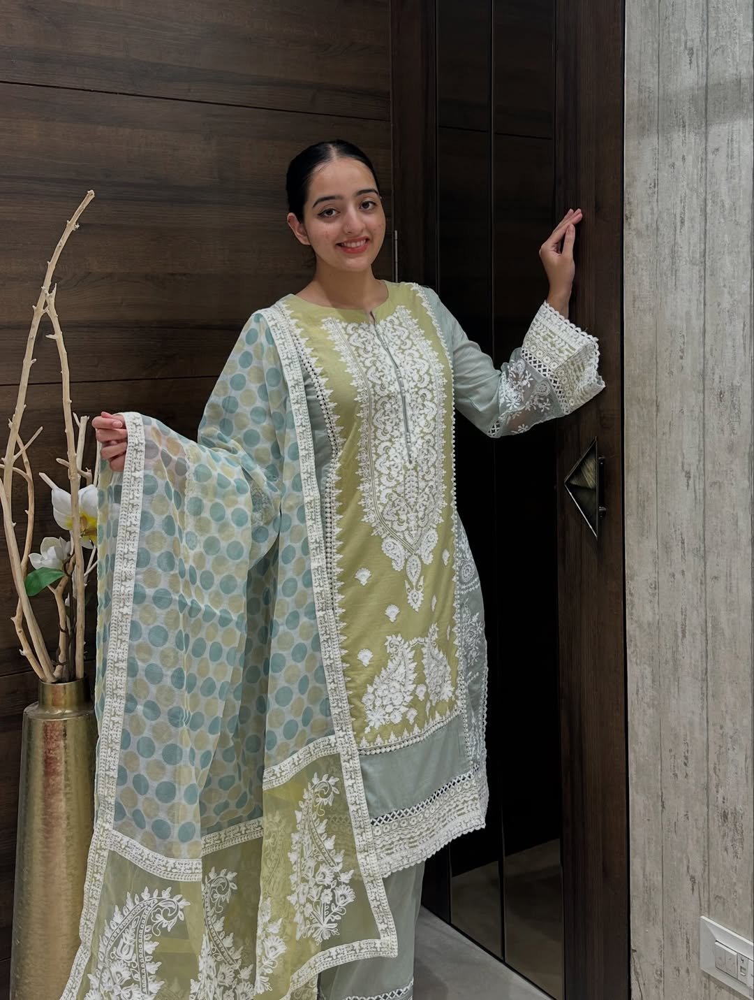 Pastel Green Embroidered Cotton Suit Set - Image 3