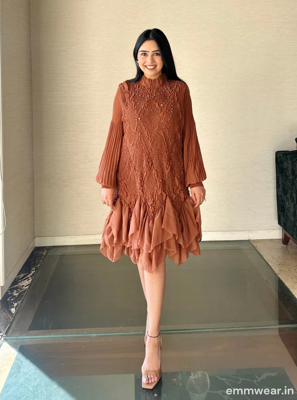 Rust Pleated Layered Short Dress with Embroidered Detailing