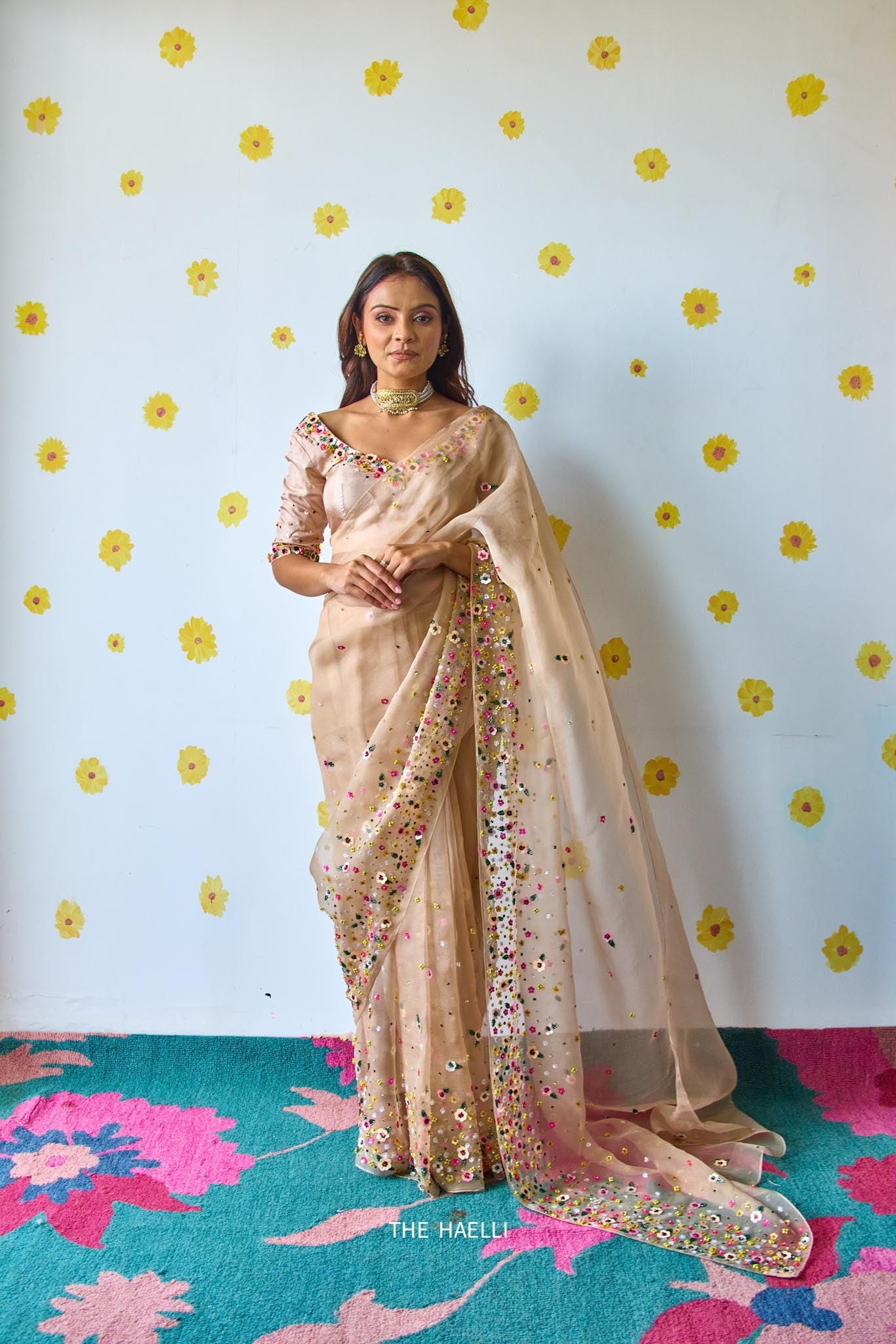 Lily Beige Organza Saree - Image 3