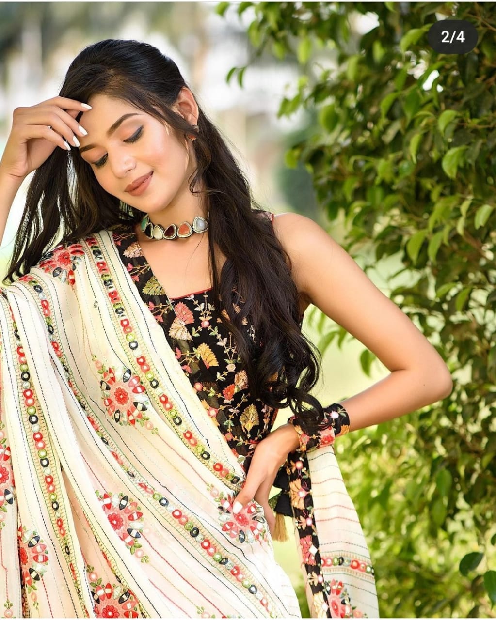 White Color Mirror Work Printed Lehenga Choli - Image 4