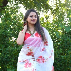 White Color Floral Printed Organza Saree