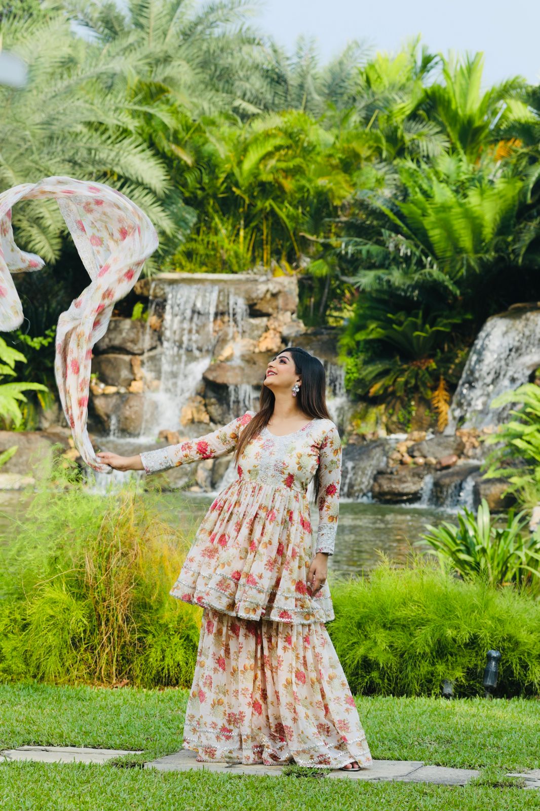 White Color Embroidery With Printed Palazzo Suit - Image 3