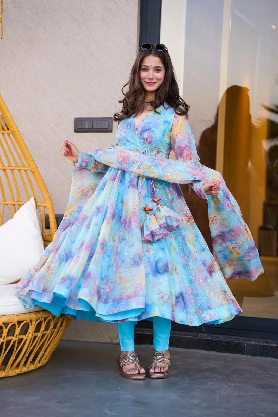 Sky Blue Color Digital Printed Designer Anarkali Gown - Image 2