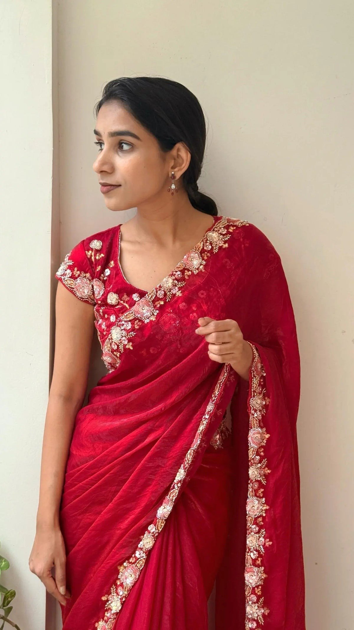 Designer Moti Work Red Color Saree With Blouse Pis - Image 2