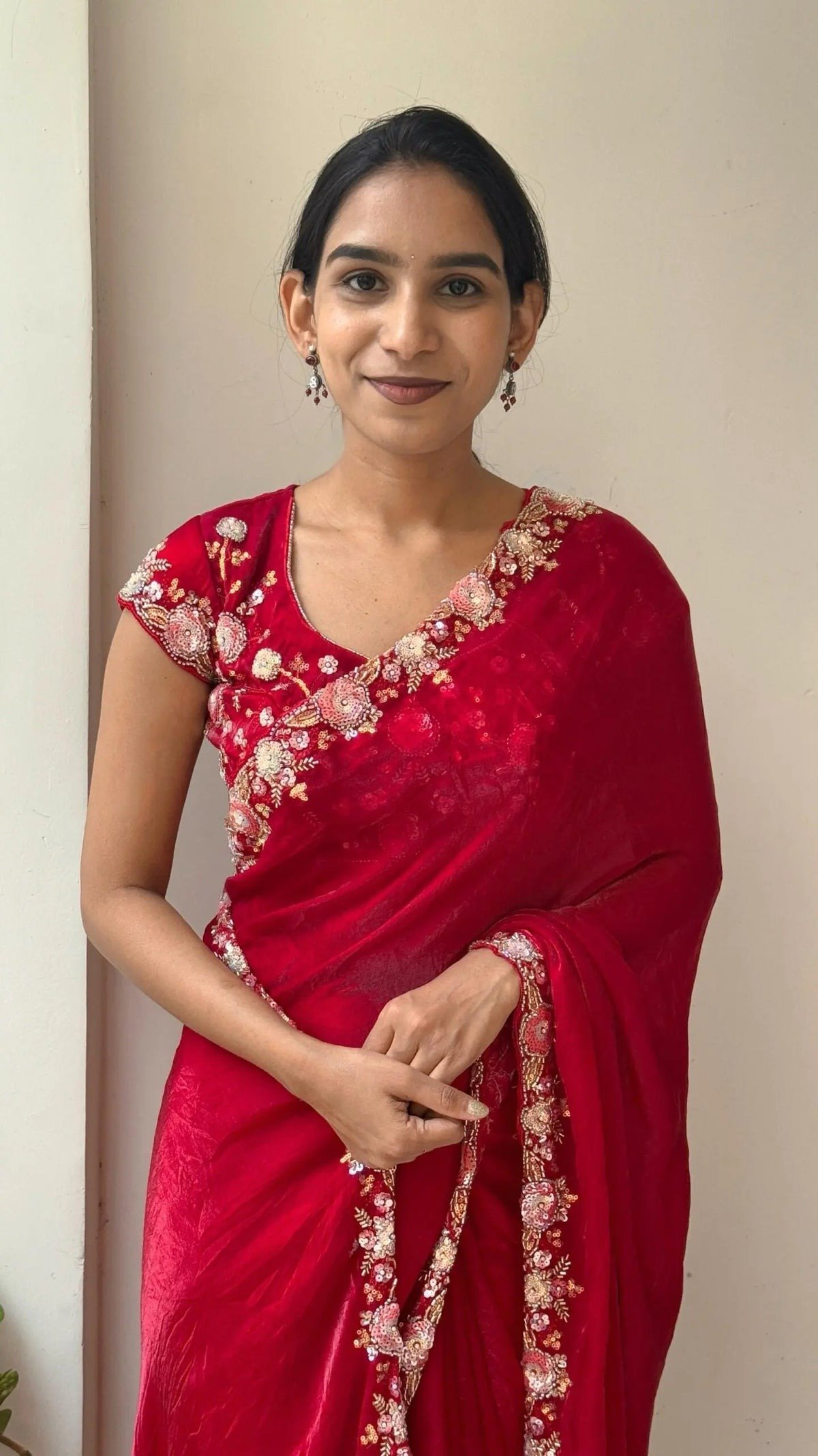 Designer Moti Work Red Color Saree With Blouse Pis