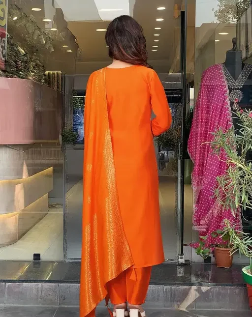 Women's Orange Chanderi Viscose Embroidered Straight Kurta with Chanderi Viscose Pant and Jacquard Jacquard Dupatta Sets - Image 3