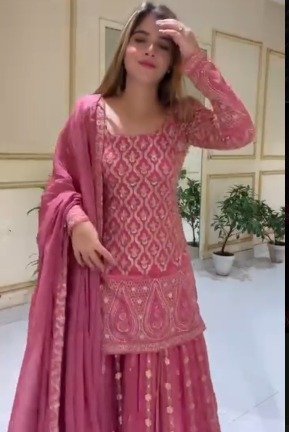 Peach Palazzo Suit with Sequins work and Round Neck - Image 4