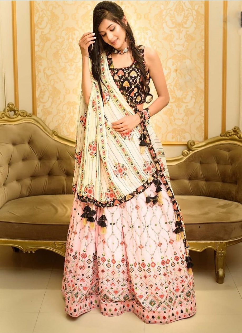 White Color Mirror Work Printed Lehenga Choli - Image 3