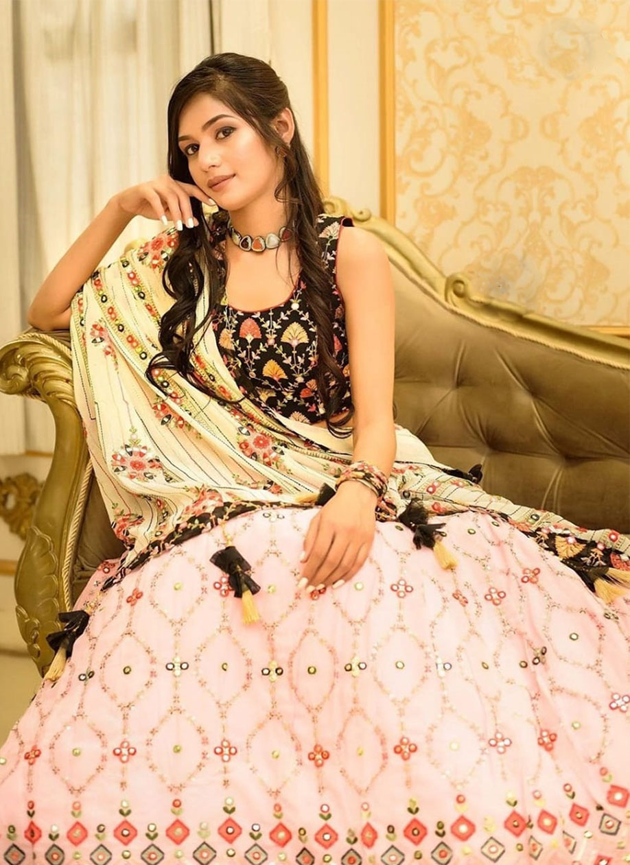 White Color Mirror Work Printed Lehenga Choli