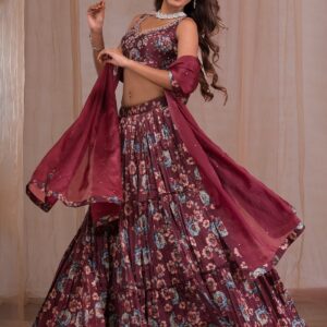 Brown Cutdana Satin Readymade Lehenga