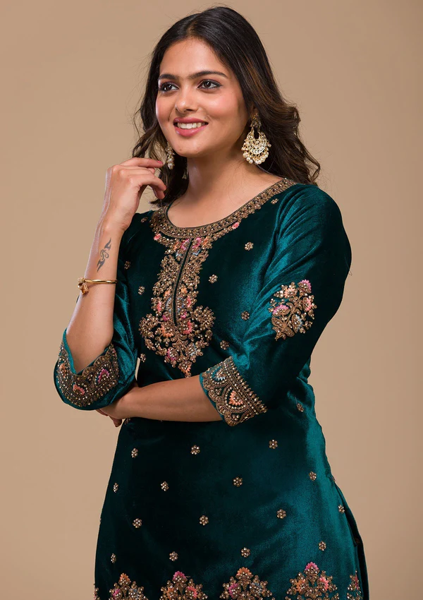 Peacock Blue Zariwork Velvet Readymade Salwar Suit - Regal Elegance - Image 3