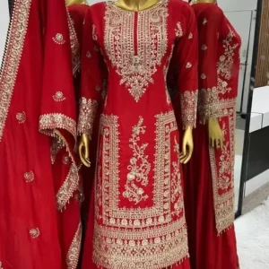 New Grand Red Color Chinnon Embroidery Sequence Sharara Suit