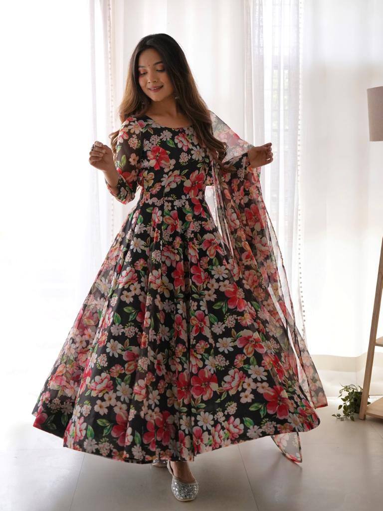 Black Color Beautiful Digital Printed Designer Gown - Image 2
