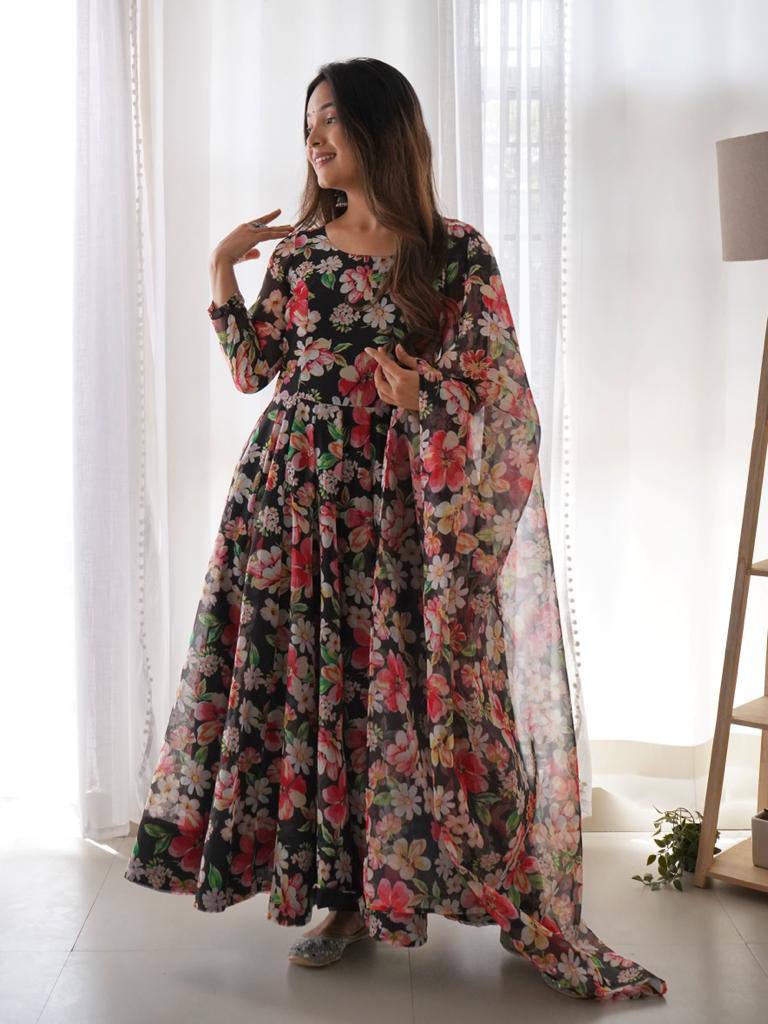 Black Color Beautiful Digital Printed Designer Gown - Image 4