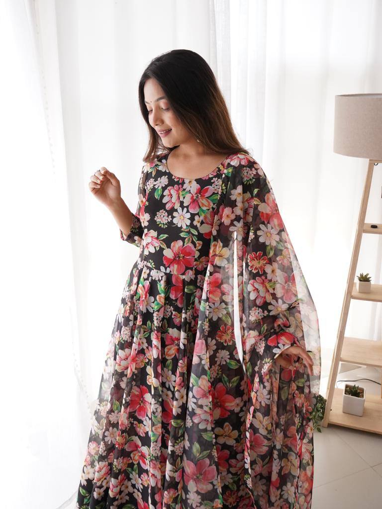 Black Color Beautiful Digital Printed Designer Gown