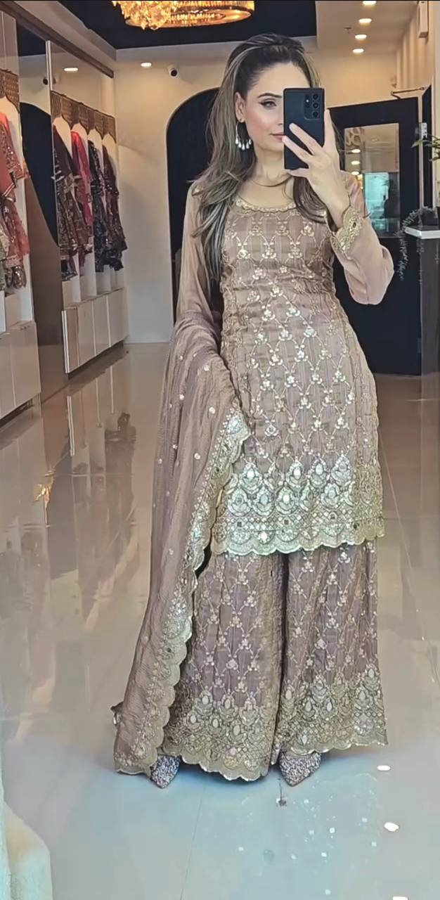Beige Color Embroidery Work Sharara Suit - Image 3