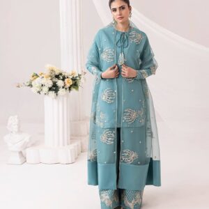 Natural Crep Silk With Work Blue Suit