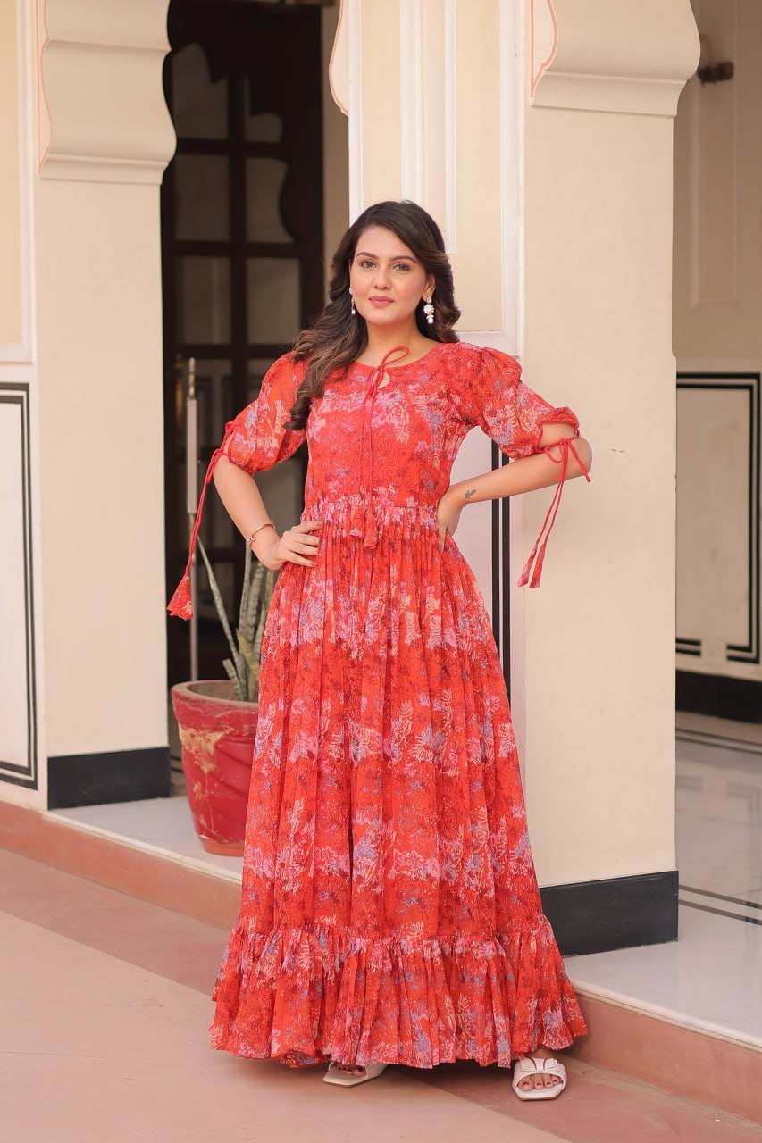 Red Color Flower Print Gown - Image 5