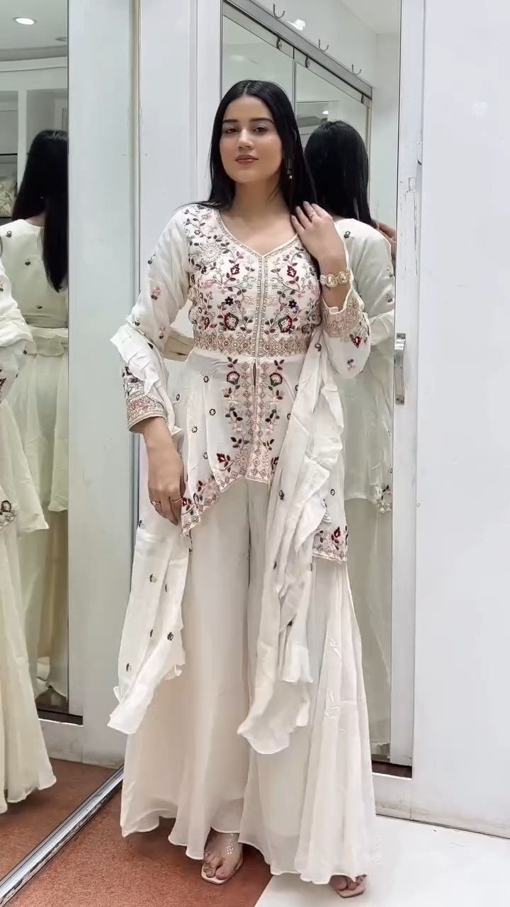 Ivory Embroidered Peplum Kurta with Sharara and Dupatta Set