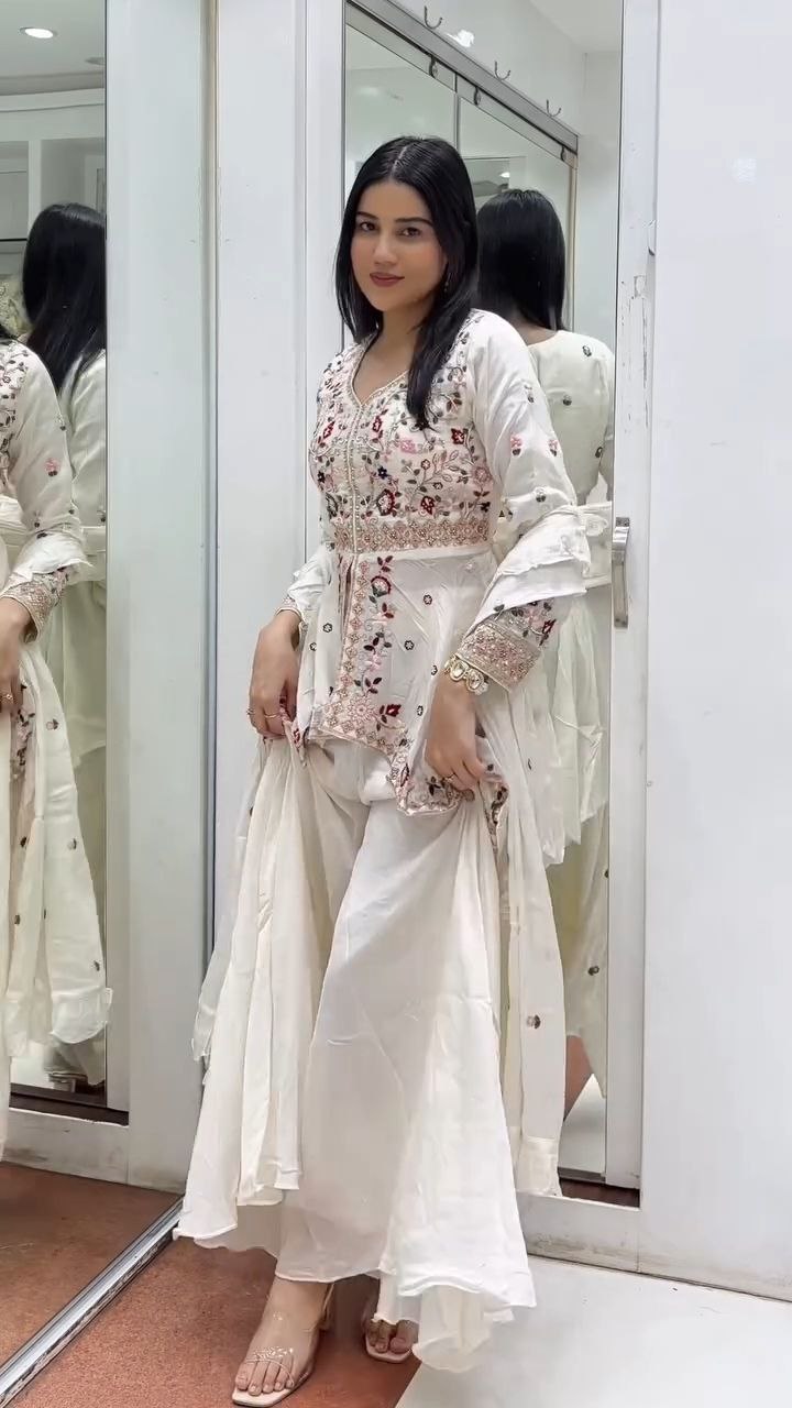Ivory Embroidered Peplum Kurta with Sharara and Dupatta Set - Image 3