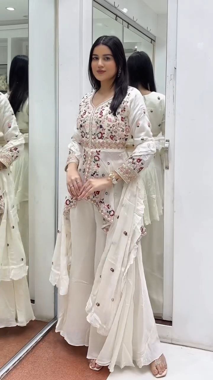 Ivory Embroidered Peplum Kurta with Sharara and Dupatta Set - Image 4