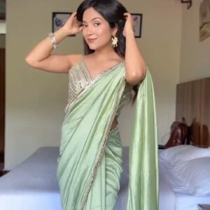 Pistachio Green Satin Saree with Embellished Border and Blouse
