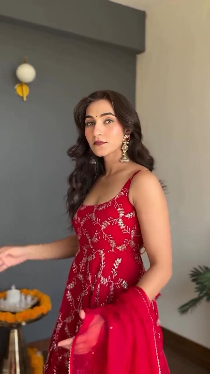 Scarlet Red Embroidered Georgette Anarkali Set with Dupatta - Image 3