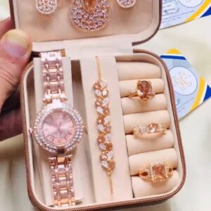 Rose Gold Peach Stone Diamond Finish Complete Jewelry Gift Set with Watch