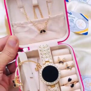 Gold Tone Black Stone Jewelry Watch Gift Set for Women