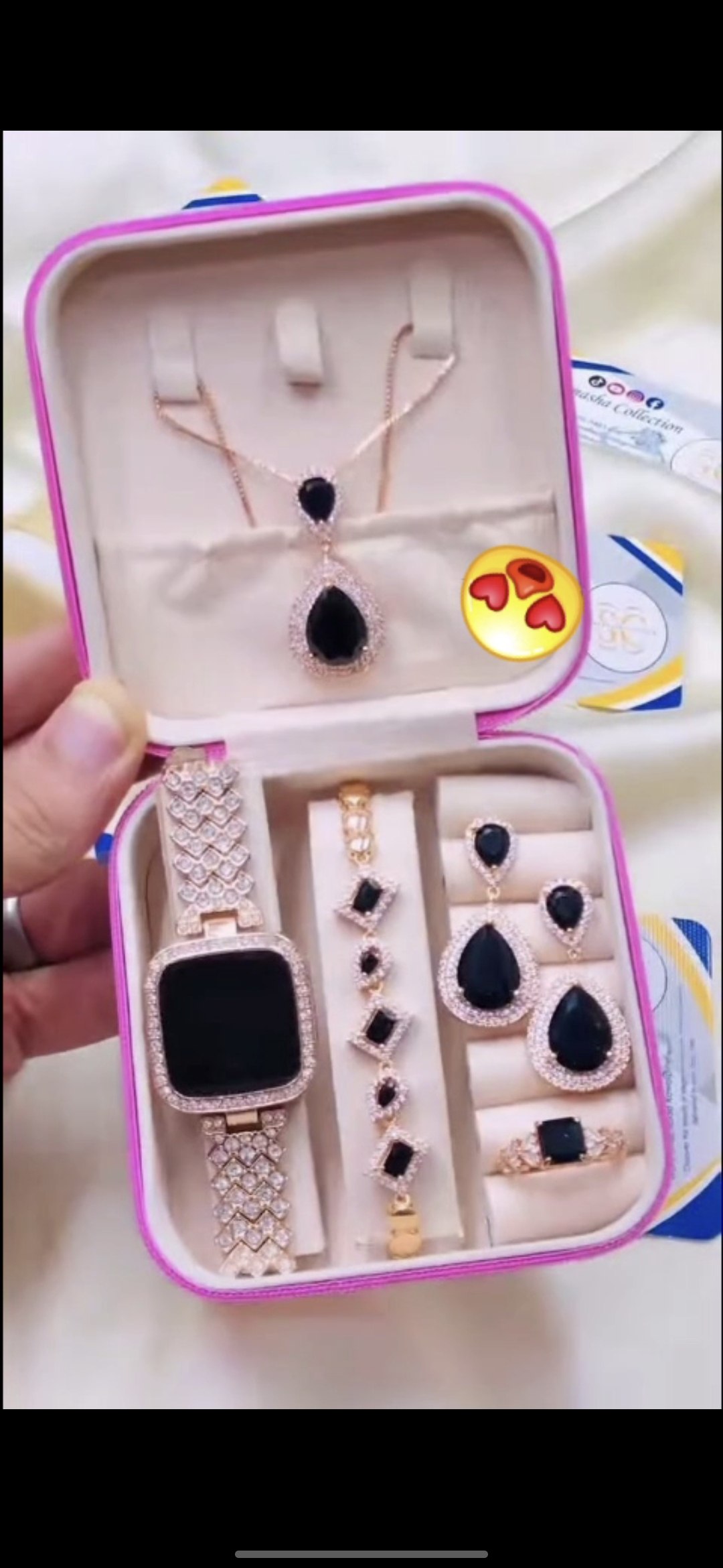 Rose Gold Black Stone Women’s Luxury Watch and Jewelry Gift Set