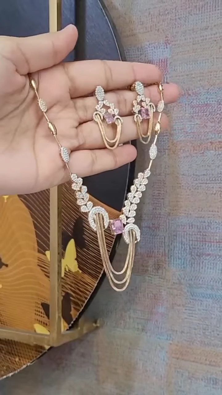 Rose Gold Stone-Studded Designer Necklace Set with Matching Earrings - Image 2