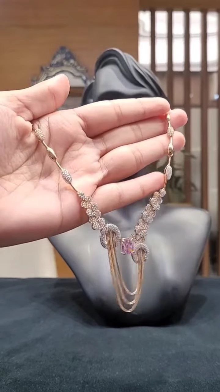 Rose Gold Stone-Studded Designer Necklace Set with Matching Earrings - Image 5