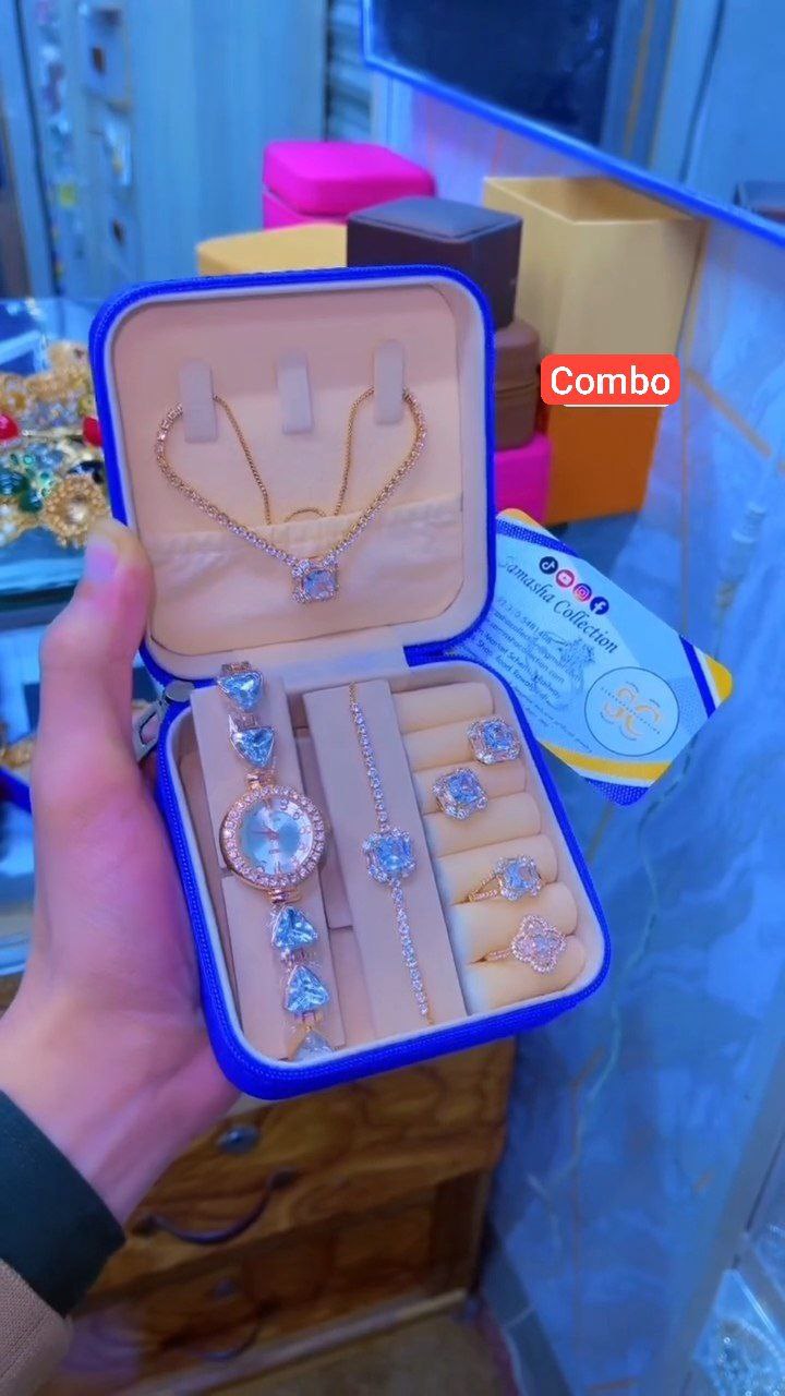 Luxury Rose Gold Jewelry Combo Set with Watch, Necklace & Rings