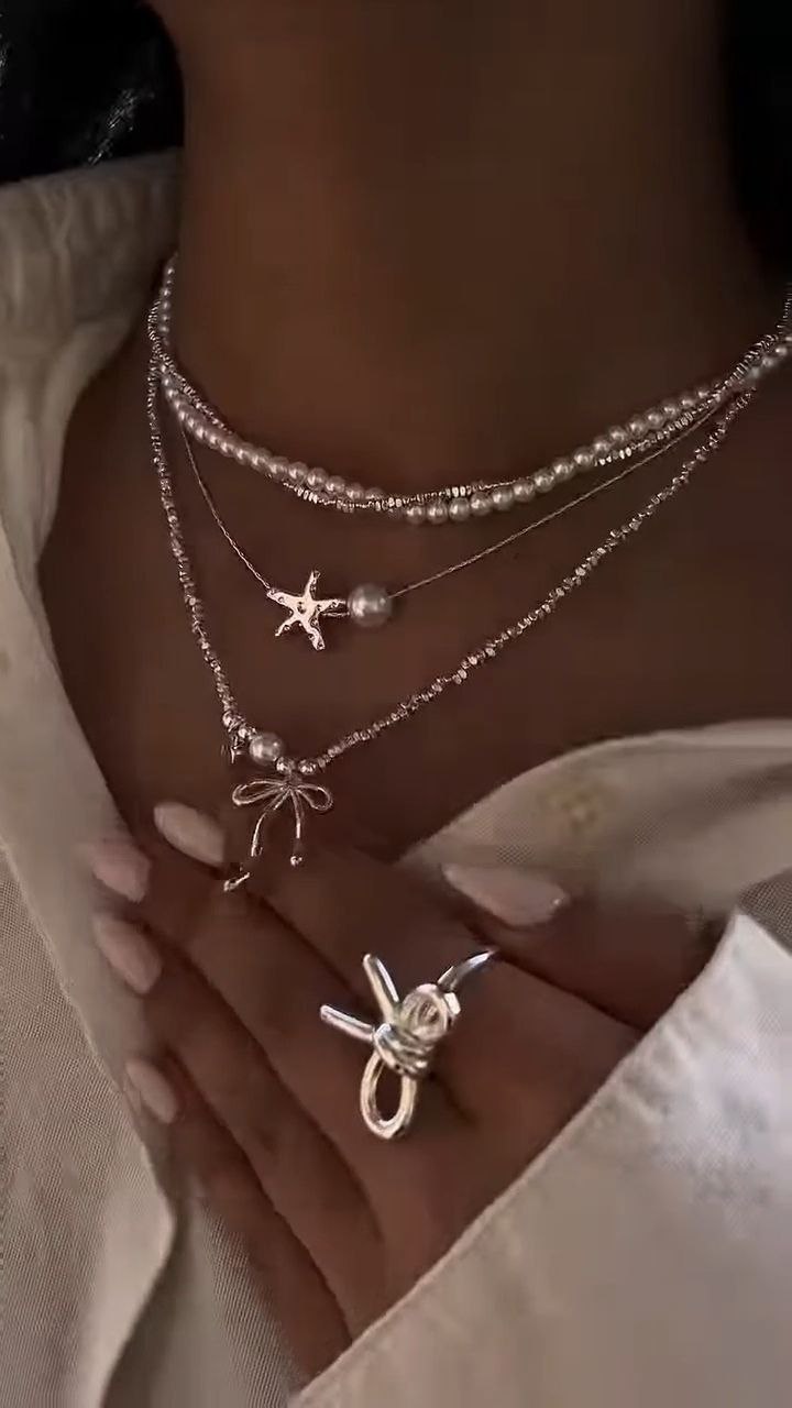 Layered Pearl & Bow Charm Necklace - Image 3