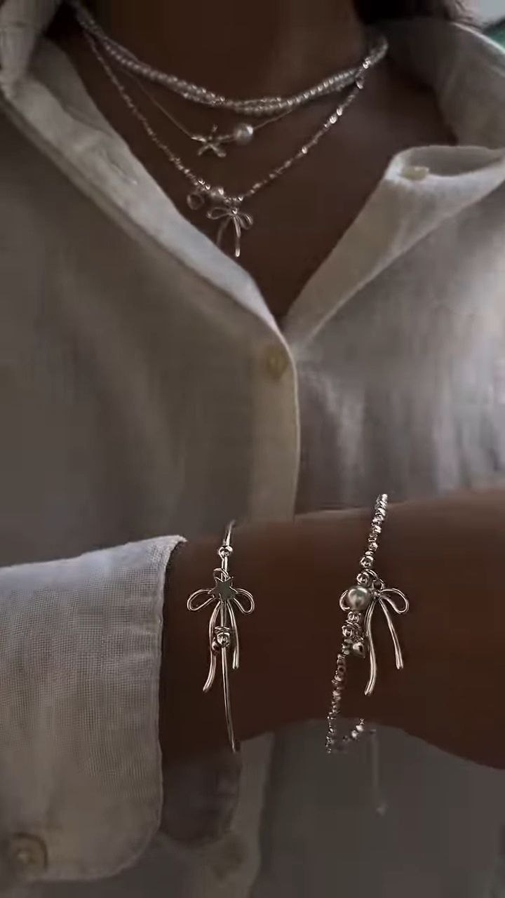 Layered Pearl & Bow Charm Necklace - Image 4