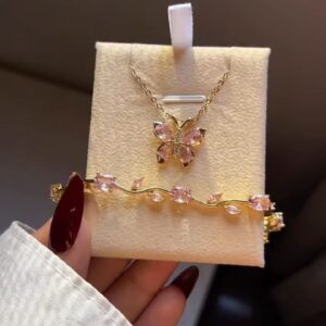 Crescent Pendant Necklace with Pink Crystal Bracelet Set