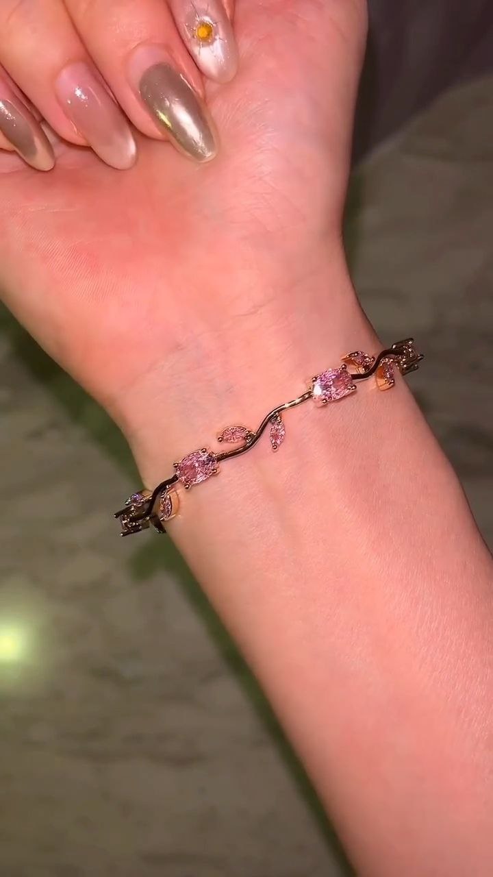 Pink Blossom Crystal Bracelet in Gold Finish