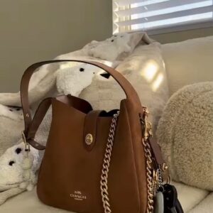Classic Brown Leather Chain-Handle Bucket Bag