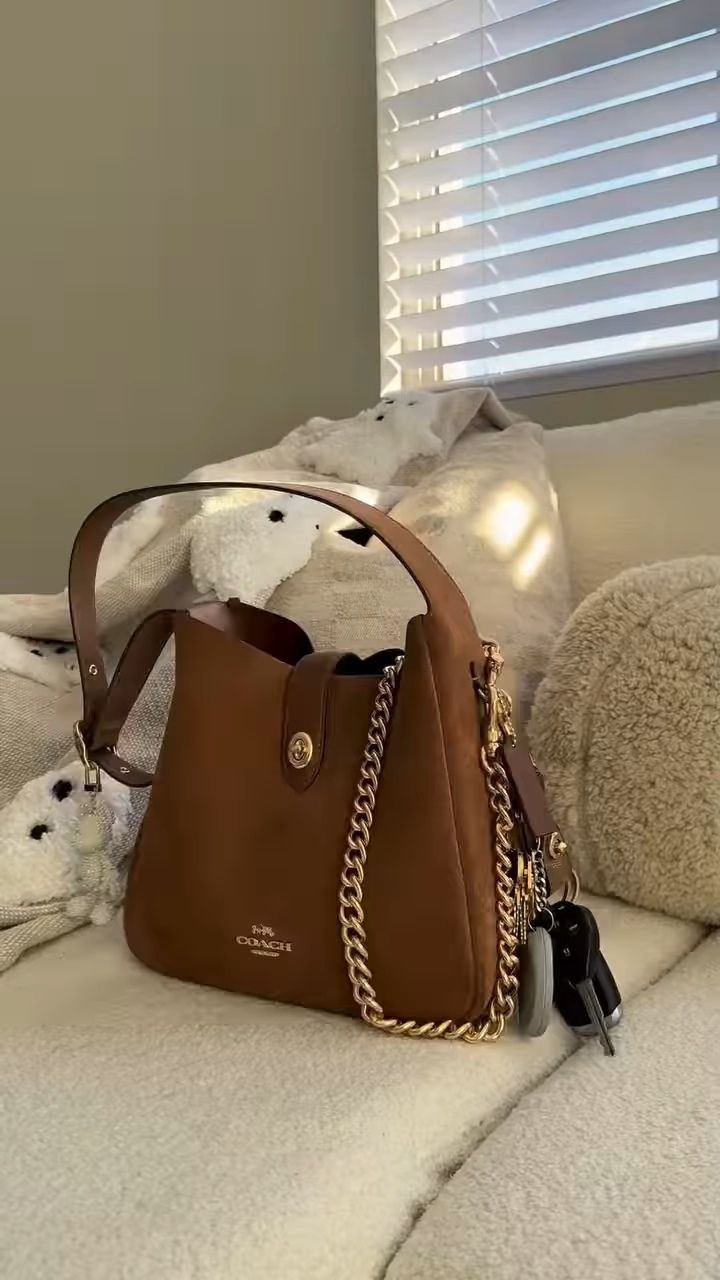 Classic Brown Leather Chain-Handle Bucket Bag