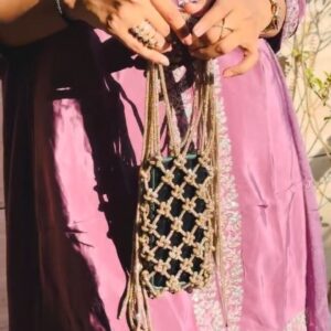 Gold Beaded Phone Sling Pouch with Knotted Net Design