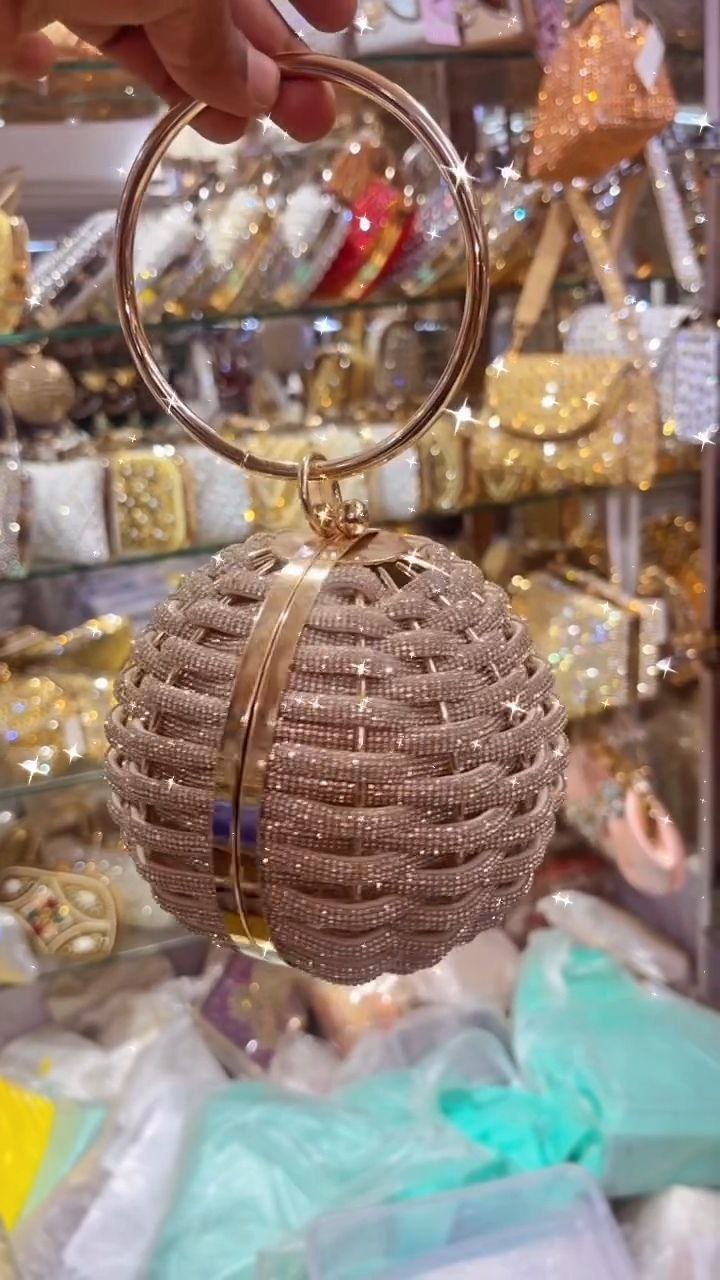 Round Beaded Crystal Clutch with Metal Ring Handle - Image 2