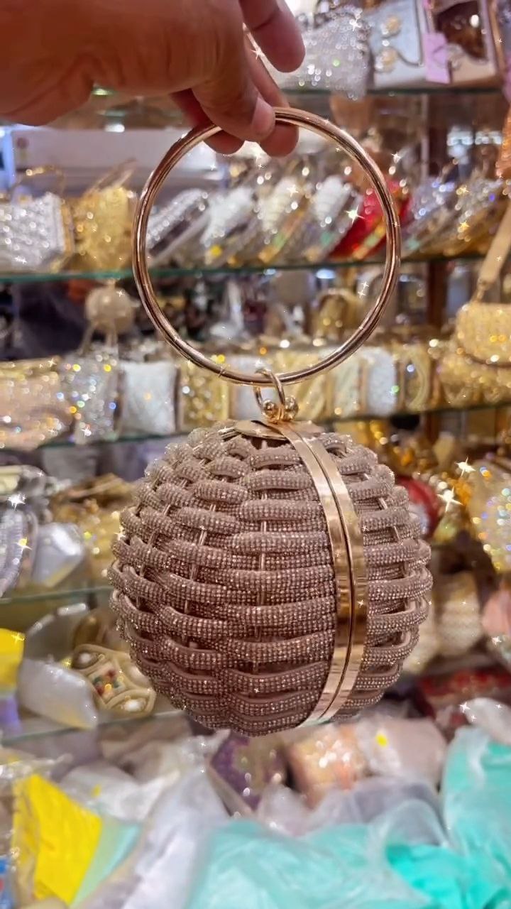 Round Beaded Crystal Clutch with Metal Ring Handle - Image 3