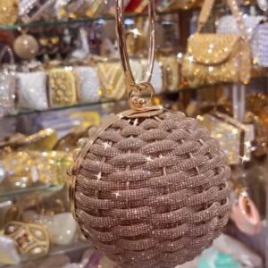 Round Beaded Crystal Clutch with Metal Ring Handle